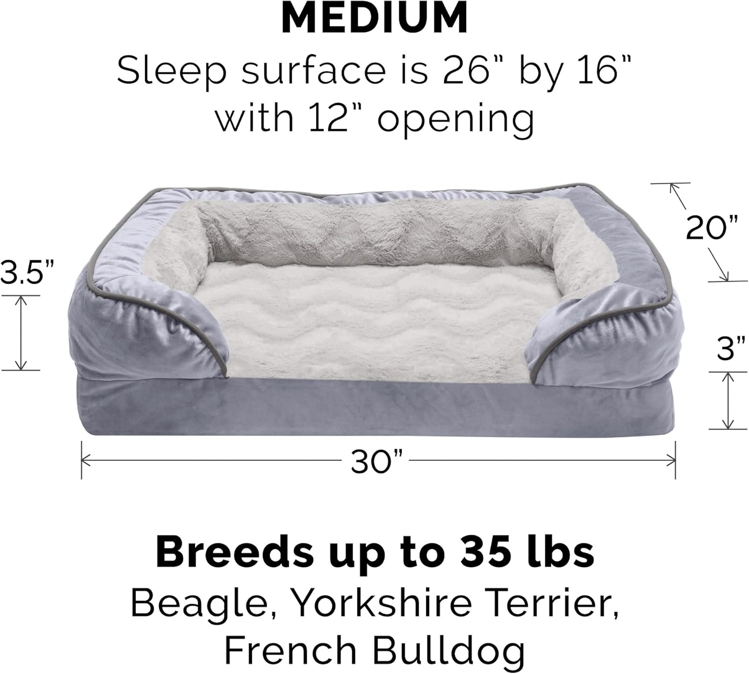 Orthopedic Dog Bed for Medium/Small Dogs W/ Removable Bolsters & Washable Cover, for Dogs up to 35 Lbs - Plush & Velvet Waves Perfect Comfort Sofa - Granite Gray, Medium